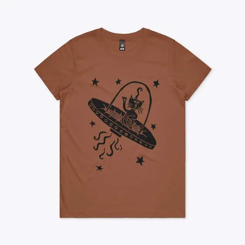 Women’s tee with floating alien cat